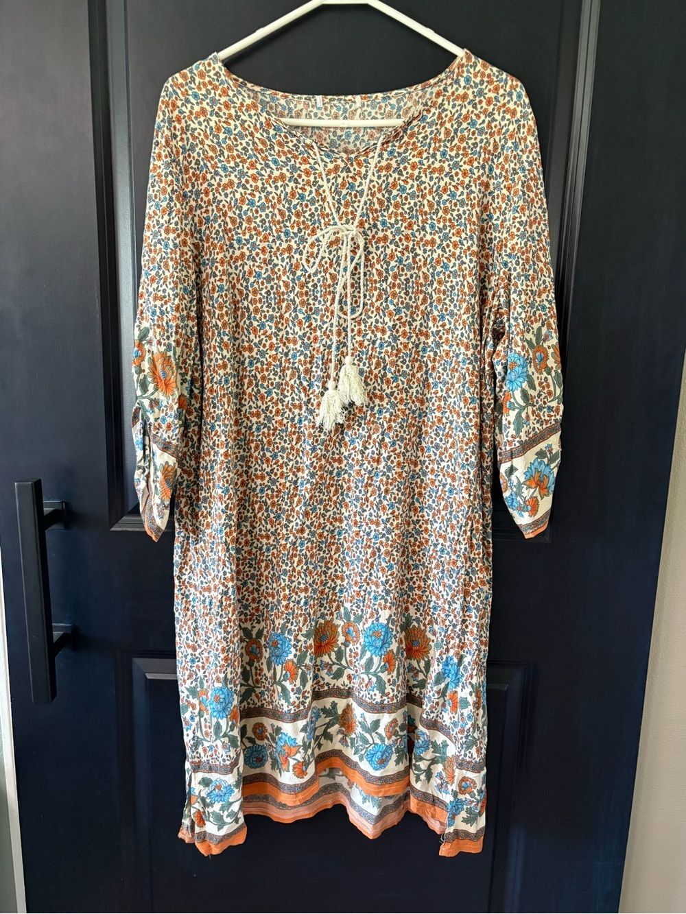 Boho Dress Casual Beach Summer Tassel Tie Neck 3/4 Sleeve Floral Coverup